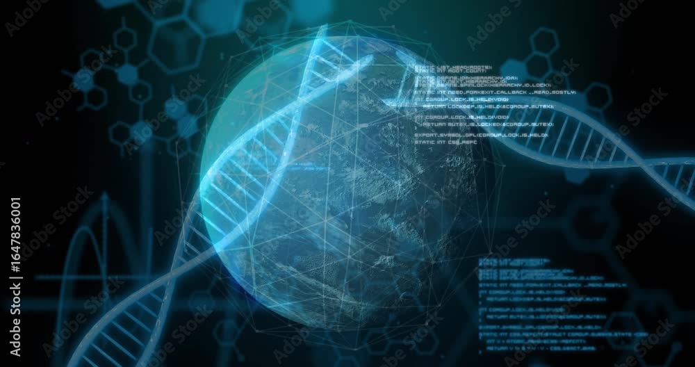 Poster on start globe fading into view while dna helix emerging and code streaming visualize data