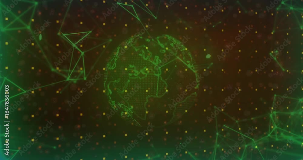 Poster on load wireframe globe rotating with points drifting and network forming for data visualization