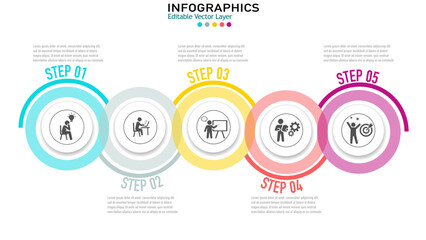 Obraz premium Infographic template for business process with 5 steps, options, and icons. Used for presentations, workflow, or marketing design.