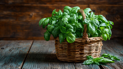 Naklejka premium Lush, Aromatic Basil Overflowing a Wicker Basket on a Rustic Wood Table