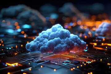 Visual representation of cloud computing technology showcasing a central cloud structure over a network of electronic circuits and lights