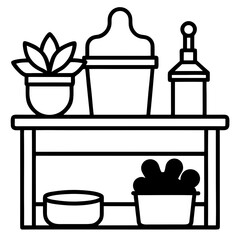 . Gardening desk with seed packets, gloves, and plant pots.