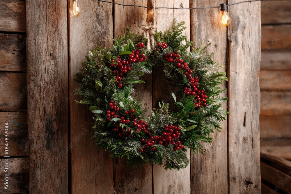 Poster wreath adorned with red berries hangs on rustic wooden wall, illuminated by warm string lights creat