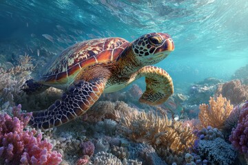 Sea turtle gracefully swimming over vibrant coral reef under clear azure waters in a tropical environment during daylight hours