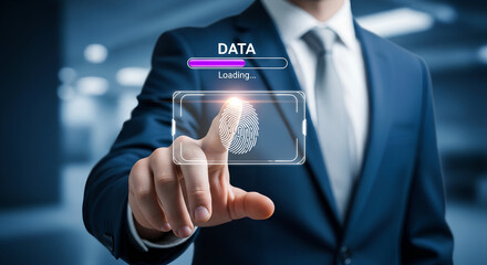 A businessman in a suit stands in a modern office, camera fixed, no cuts or angle changes. He extends his index finger to touch a floating holographic fingerprint scanner while a purple "DATA" loading