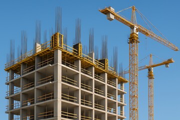 High-rise concrete building under construction with exposed rebar and yellow tower cranes against clear blue sky showcasing modern urban development and civil engineering progress