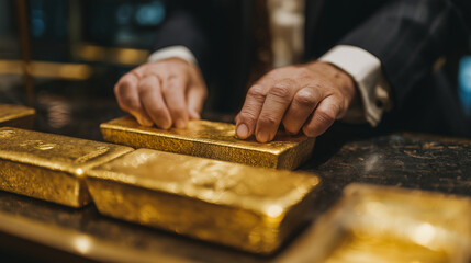 Banker counting gold bars in a secure vault