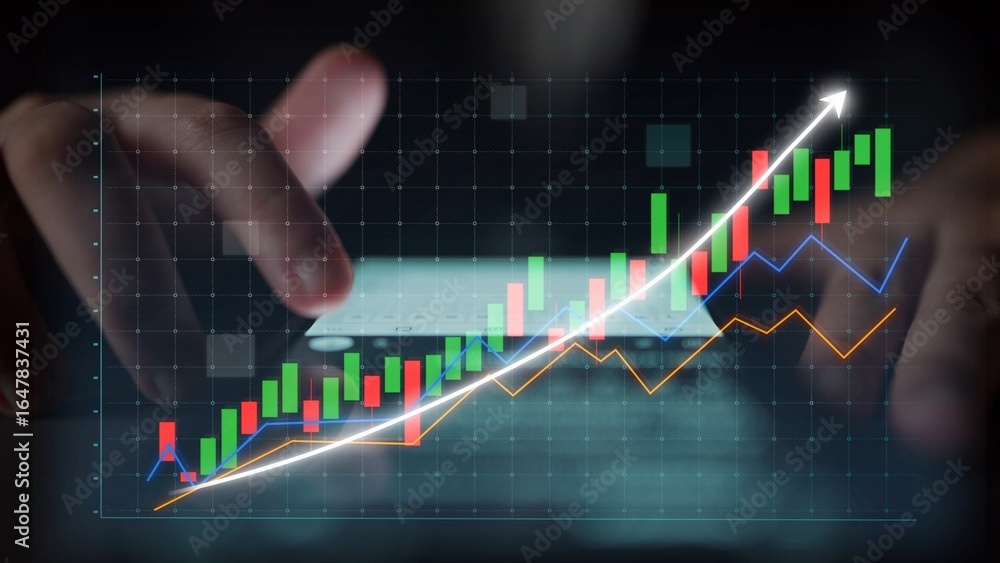 Poster a professional analyzing financial data on a tablet with a digital graph displaying upward trends in