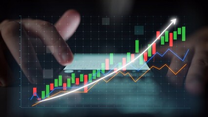 A professional analyzing financial data on a tablet with a digital graph displaying upward trends in stock market performance, highlighting investment opportunities. Copula