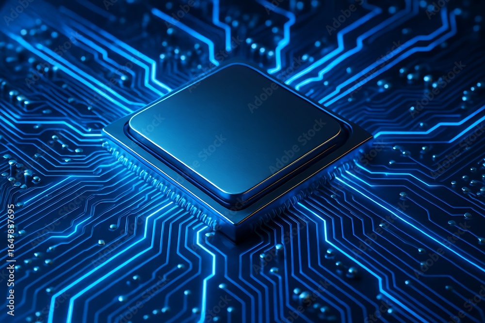 Aufkleber close-up of futuristic glowing microchip on digital circuit board, showcasing advanced semiconductor