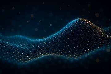 Blue and gold glowing particle wave mesh on dark background representing futuristic data flow, network connectivity, digital landscape, and high-tech quantum communication pattern