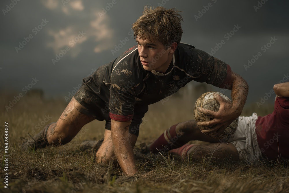 Poster intense rugby match showcasing determination and skill on a muddy field during an overcast afternoon