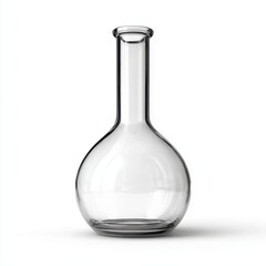 A clear glass volumetric flask, empty, isolated on a pure white background. Science, measurement.