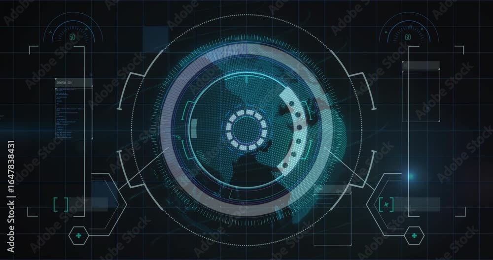 Poster grid background fading, central interface expanding and spinning, filling bar and showing map data