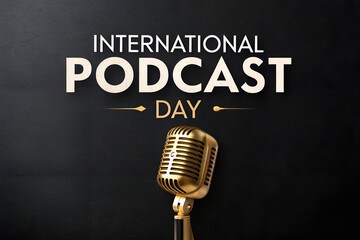"International Podcast Day" celebration graphic, featuring a close-up of a classic golden microphone on an elegant, dark textured background generative ai