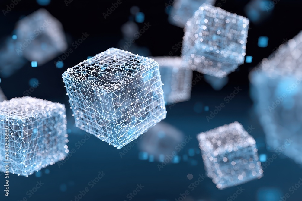 Aufkleber lowpoly animation showcases blockchain cubes spinning in a digital space with glowing edges against 