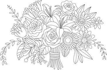 Fototapeta premium Intricate black and white line art illustration of a lush floral bouquet