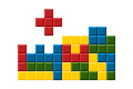 Game Blocks process. Colorful and geometric shapes reminiscent of classic video game. Ideal for gaming-related designs, retro themes or creative projects aiming for nostalgic touch.