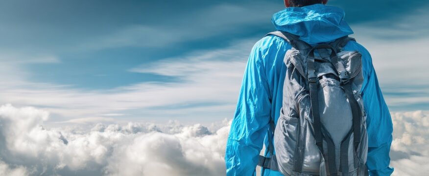 [The hiker with backpack overlooking a sea of clouds from a mountain summit] - Powered by Adobe