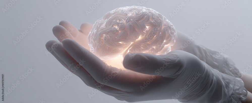 Poster the brain in gloved hands emitting soft futuristic light in a minimal lab