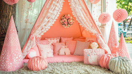 Whimsical picnic birthday setup features cozy canopy tent adorned with lace trim, soft pink pillows, and decorative elements creating charming atmosphere