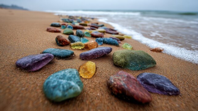 A serene image of colored stones scattered along a sandy beach celebrating natures artfulness in a world of color and texture
