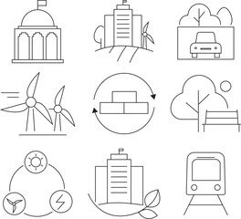 Eco-Friendly City and Urban Sustainability Line Icons