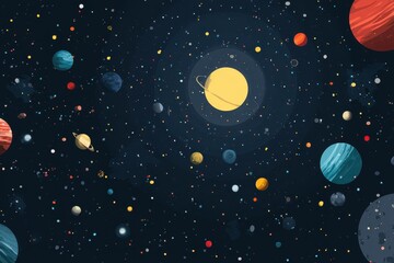 Fototapeta premium Colorful vector flat space design featuring diverse planets and stars against a dark cosmic background