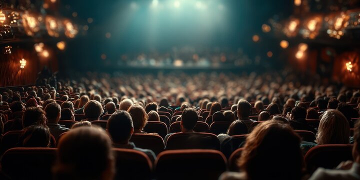 Audience enjoys live performance in a theater with bright lights and a vibrant atmosphere during an evening show