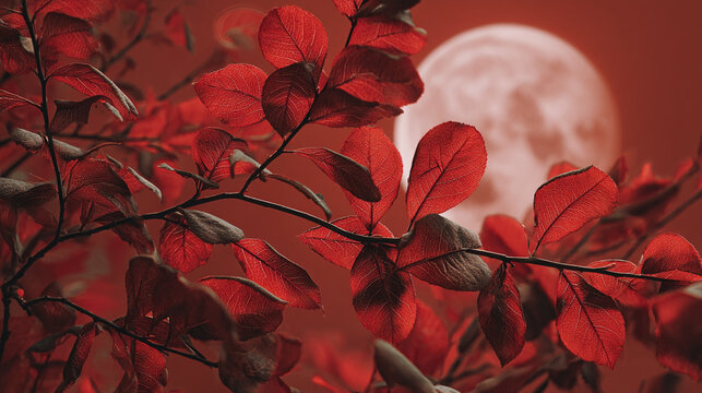 Red leaves on branches against a blurred full moon in a monochromatic red color scheme backdrop