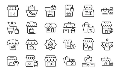 24 E-commerce and Shopping Line Icons Online Store, Delivery, Discount, Order Tracking, Product Rating, Inventory, Mobile Shopping, Payment, and Customer Review Vector Icon Set