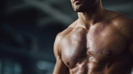 Fototapeta premium Muscular man flexing chest muscles after a gym workout