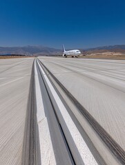 airport runway stretching into the distance under clear blue sky, aircraft preparing for takeoff in the far background, strong perspective lines, daytime scene with clean tarmac and visible 