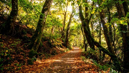 Obraz premium Autumnal forest path winding through lush trees