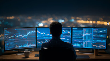 Financial Analyst Analyzing Stock Market Trends on Multiple Screens