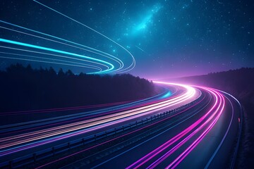 Vibrant light trails of car headlights and taillights on a dark highway at night, creating a sense of speed and futuristic technology