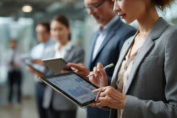 Business team reviewing charts and data analysis during a collaborative meeting in a modern office environment