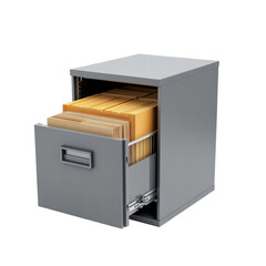 Gray metal filing cabinet drawer with hanging file folders inside for organized document storage