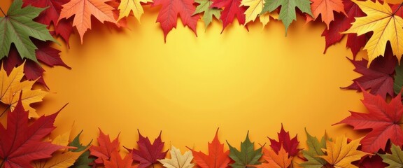 Fototapeta premium A vibrant border of colorful maple leaves in shades of red, orange, yellow, and green frames a bright yellow background, creating a beautiful autumn seasonal design element with ample copy space