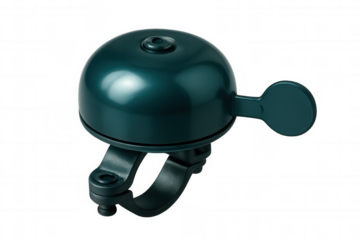 Vintage green metal bicycle bell clamped on sleek black mounting bracket, highlighting cycling safety and urban design aesthetic