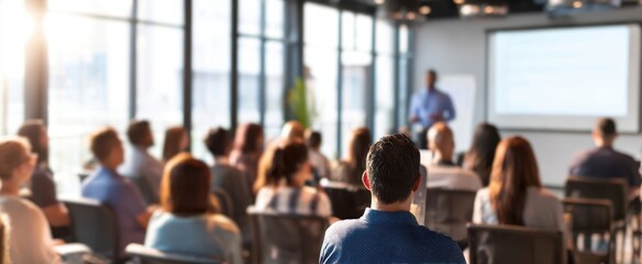The audience listening to a speaker at a bright modern corporate seminar