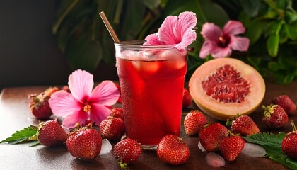 fresh strawberry iced tea garnished with hibiscus flowers and surrounded by fruits
