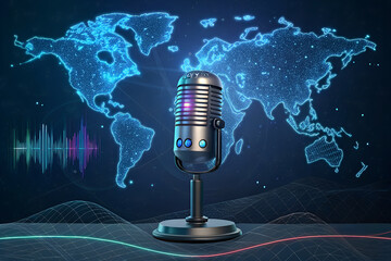 A professional microphone stands before a glowing digital world map and soundwaves, symbolizing global communication, podcasting, and audio technology generative ai