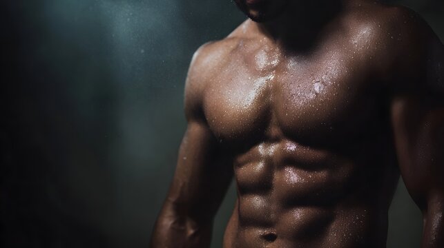 Muscular male torso with defined abs in a gritty gym setting