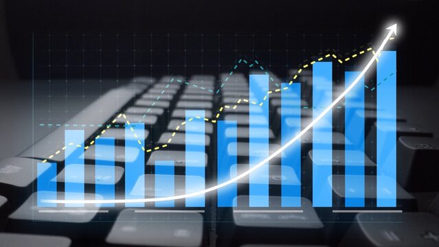 This image illustrates financial growth with blue bar graphs and a line chart over a computer keyboard, emphasizing digital analysis and modern business insights. Copula - Powered by Adobe