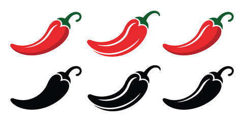 A collection of hot chili pepper icons in red and black silhouette styles. Vector set for spicy food and mexican cuisine.