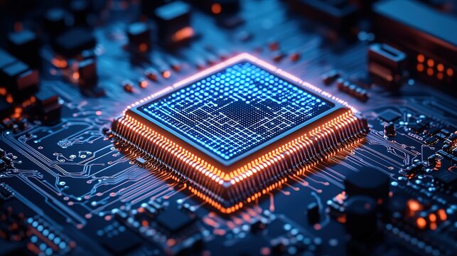 Close - up of Illuminated Microchip on Circuit Board