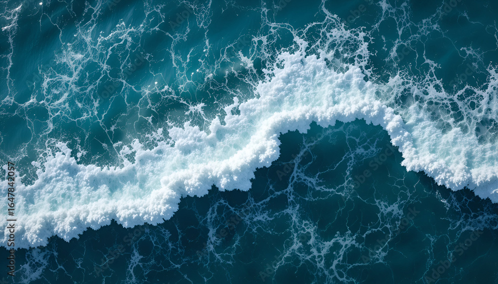 Poster dynamic ocean wave crests with intricate white foam patterns in deep blue water