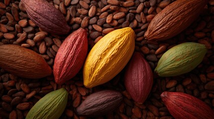 Fototapeta premium Close-Up View of Cocoa Pods and Beans with Rich Textures and Colors