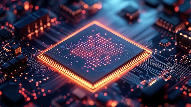 Close - up of a Glowing Microchip on a Circuit Board with Digital Patterns